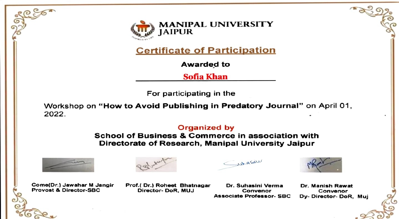 Certificate for workshop on 'How to Avoid Publishing in Predatory Journals' from School of Business in Apr 2022
